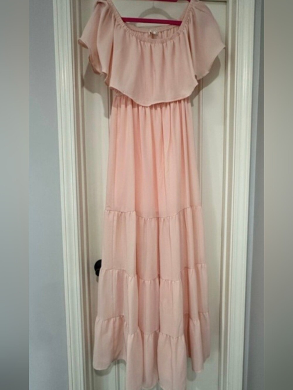 VENUS Tiered Off-Shoulder Maxi Dress in Blush Pink